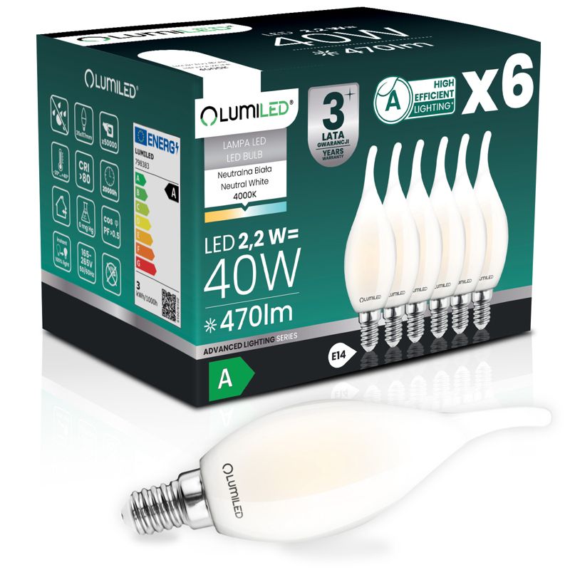 Żarówka LED Lumiled E14 Świeczka BA35 2,2W 470lm 4000K 360st Filament Klasa A 6 szt.
