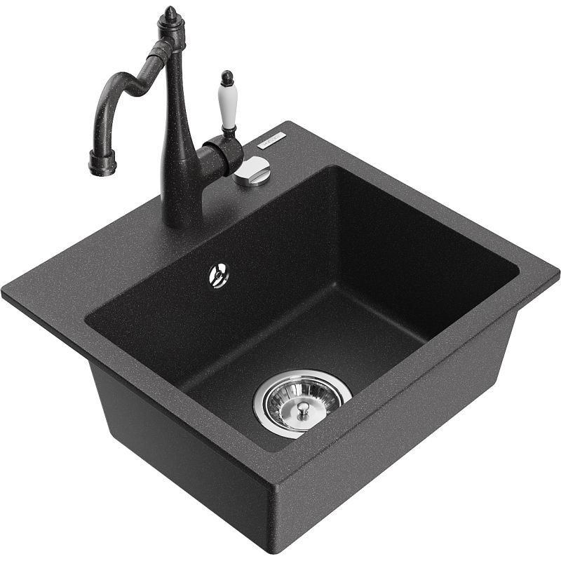 Zlewozmywak granitowy 1-komorowy Mexen Milo z baterią kuchenną Carla czarny/srebrny metalik - 6505-73-670700-70 1 szt.