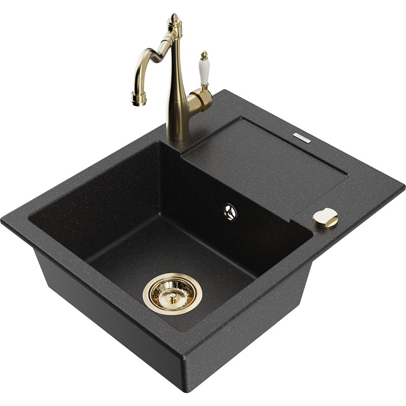 Zlewozmywak granitowy 1-komorowy Mexen Enzo z ociekaczem i baterią kuchenną Carla czarny/srebrny metalik 6506-73-670700-50