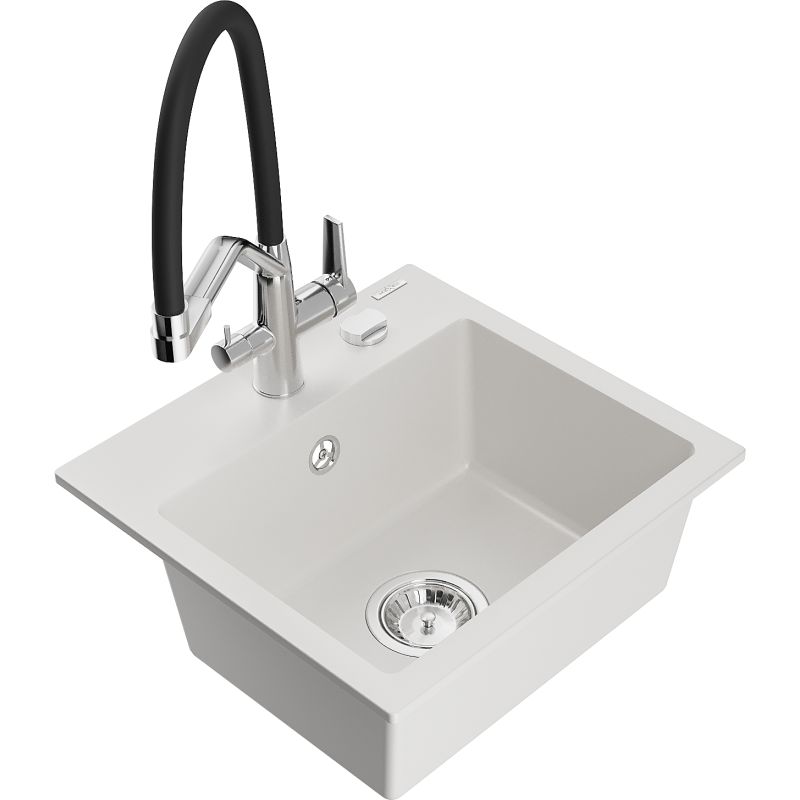 Zlewozmywak granitowy 1-komorowy Mexen Milo z baterią kuchenną Duo biały 6505-20-671701-07