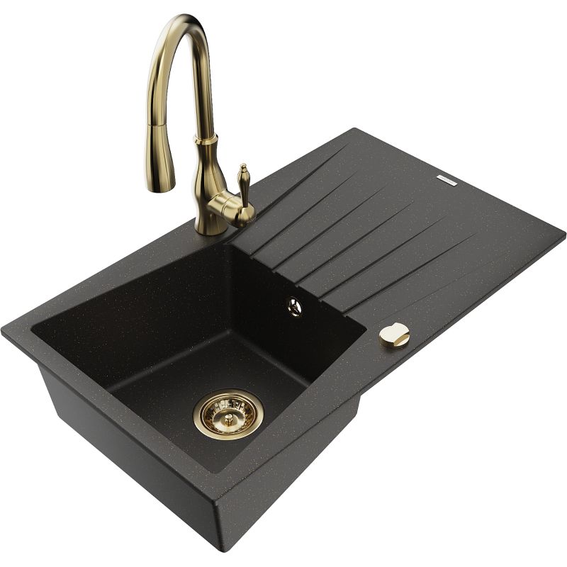 Zlewozmywak granitowy 1-komorowy Mexen Cesar z ociekaczem i baterią kuchenną Savita czarny/złoty metalik 6514-75-672601-50