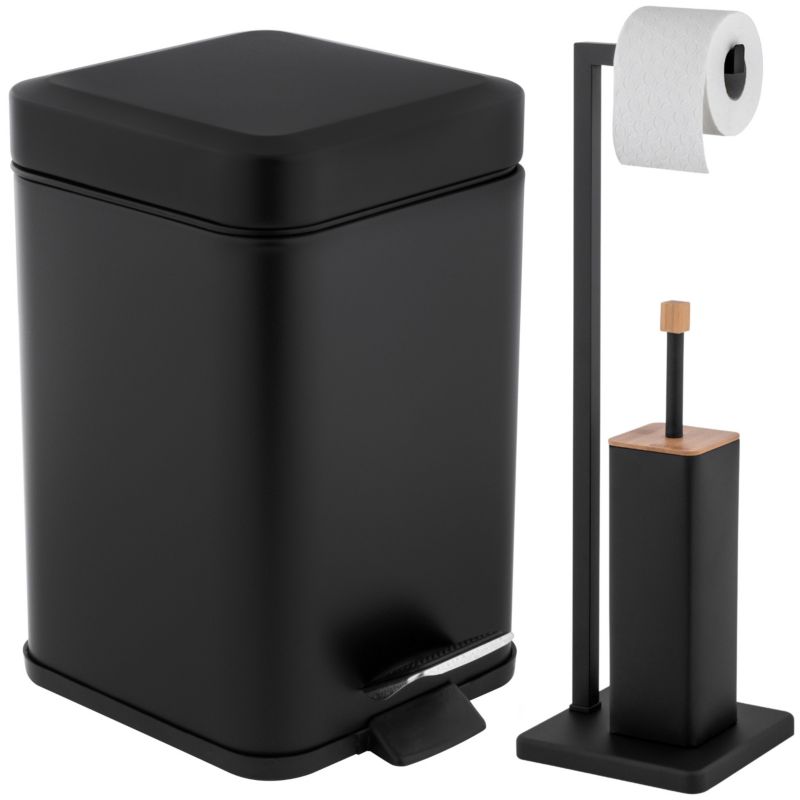 Zestaw Łazienkowy Yoka Home Czarny Mat z Bambusem: Kwadratowy Kosz na śmieci 3L i Stojak na Papier toaletowy ze Szczotką do WC - 1
