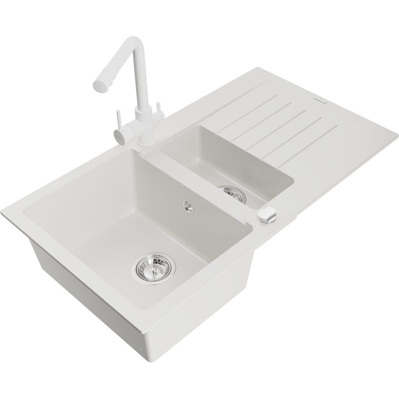 Zlewozmywak granitowy 1.5-komorowy Mexen Matias z ociekaczem i baterią kuchenną Duero biały 6502-20-671600-20