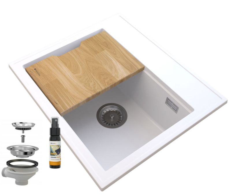 Zlewozmywak Granitowy Kuchenny Granitan Foxal Biały z Syfonem i Deską 1kpl.