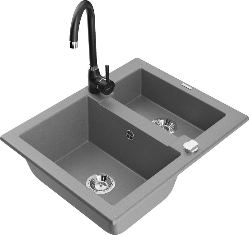 Zlewozmywak granitowy Mexen Carlos 1,5-komorowy z baterią kuchenną Telma szary 6518-71-670200-70