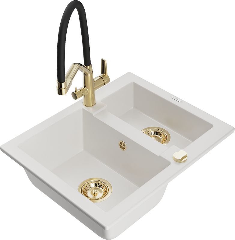 Zlewozmywak granitowy Mexen Carlos 1,5-komorowy z baterią kuchenną Duo biały 6518-20-671701-57-G