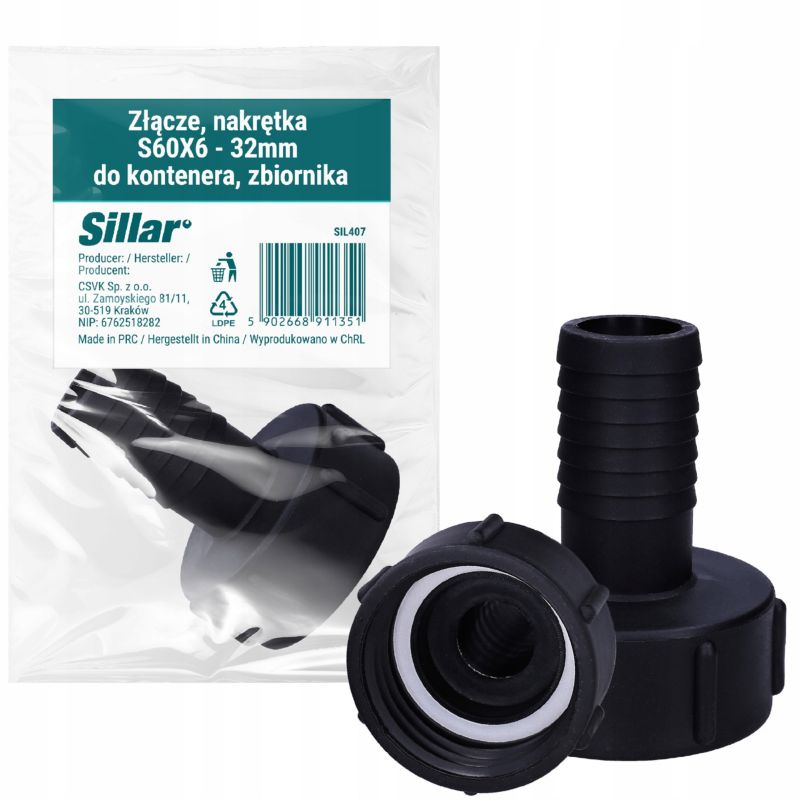 Złącze, Sillar, do zbiornika, kontenera, IBC, mauzera, nakrętka S60X6, 32mm, 1szt