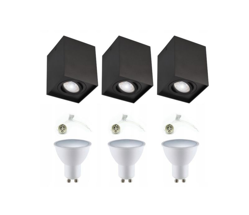 3x Punktowa oprawa EDO sufitowa Pallad 1 Black GU10 kwadratowa czarna EDO777108 + żarówka LED 5,5W GU10 3000K + gniazdo GU10 kpl