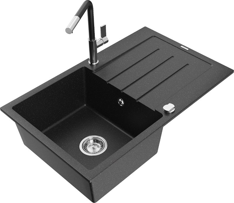 Zlewozmywak granitowy Mexen Bruno 1-komorowy z ociekaczem i baterią kuchenną Flora czarny/srebrny 6513-73-670401-07