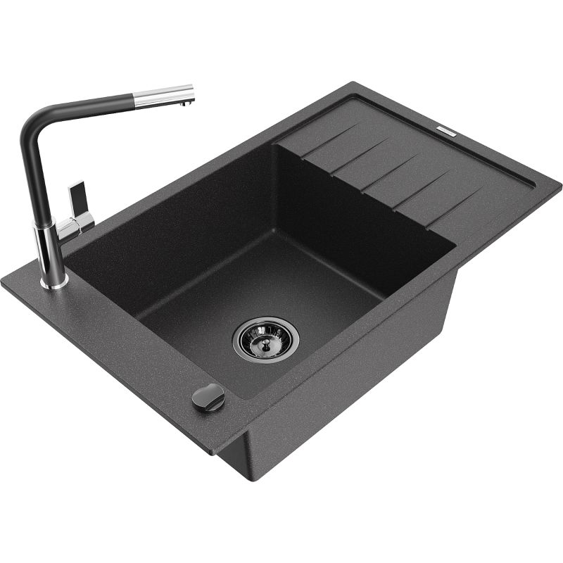 Zlewozmywak granitowy 1-komorowy Mexen Elias z ociekaczem i baterią kuchenną Flora czarny nakrapiany - 6511-76-670401-75-G 1 szt.
