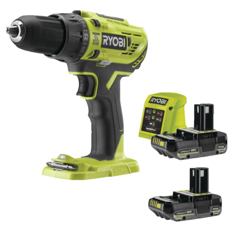 Zestaw RYOBI wiertarko-wkrętarka z funkcją udaru 18V, 2x akumulator 2,0 Ah, ładowarka 1 kpl.