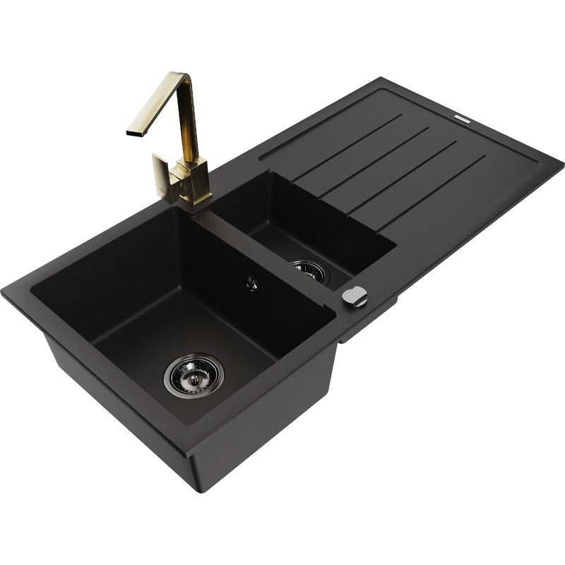 Zlewozmywak granitowy 1.5-komorowy Mexen Andres z ociekaczem i baterią kuchenną Rita szary - 6515-71-670300-70 1 szt.