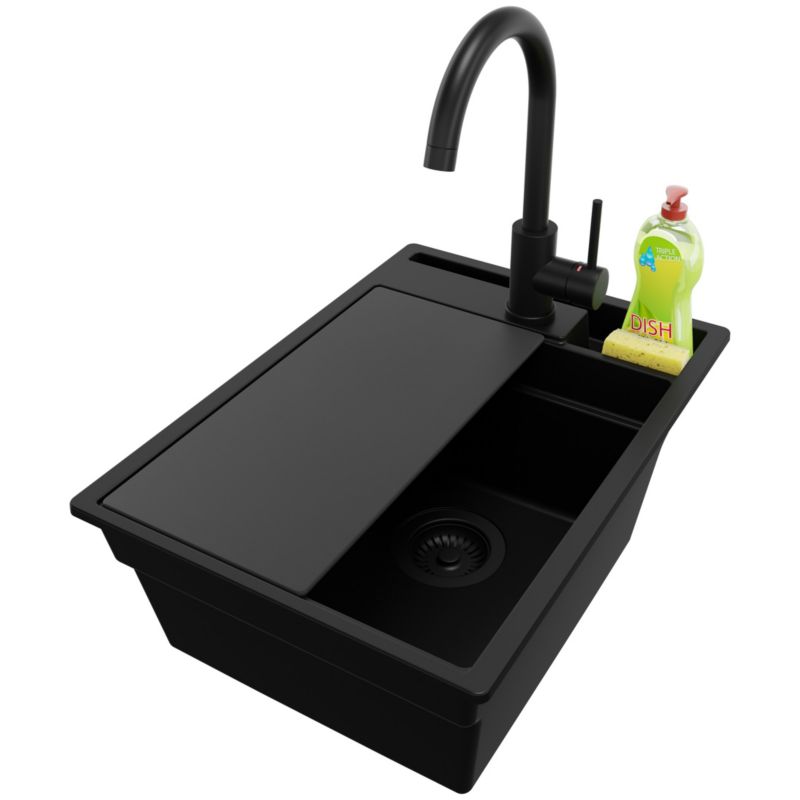 Zlewozmywak Granitowy Oslo Pocket PRIMAGRAN Nablatowy 38x53cm do szafki od 40cm z Syfonem i Baterią i Dodatkiem Cały Czarny 1 szt.