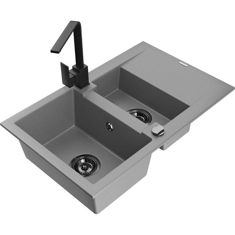 Zlewozmywak granitowy 1.5-komorowy Mexen Gaspar z ociekaczem i baterią kuchenną Rita szary - 6507-71-670300-71 1 szt.