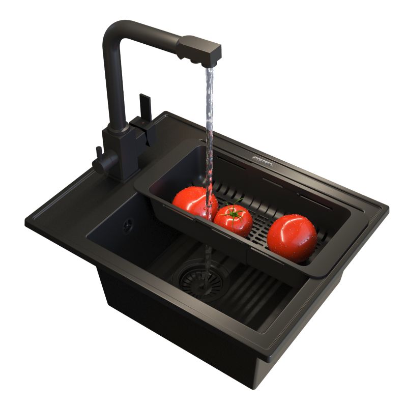 Zlewozmywak Granitowy Granitan Nero z Syfonem Baterią i Koszykiem 1kpl.