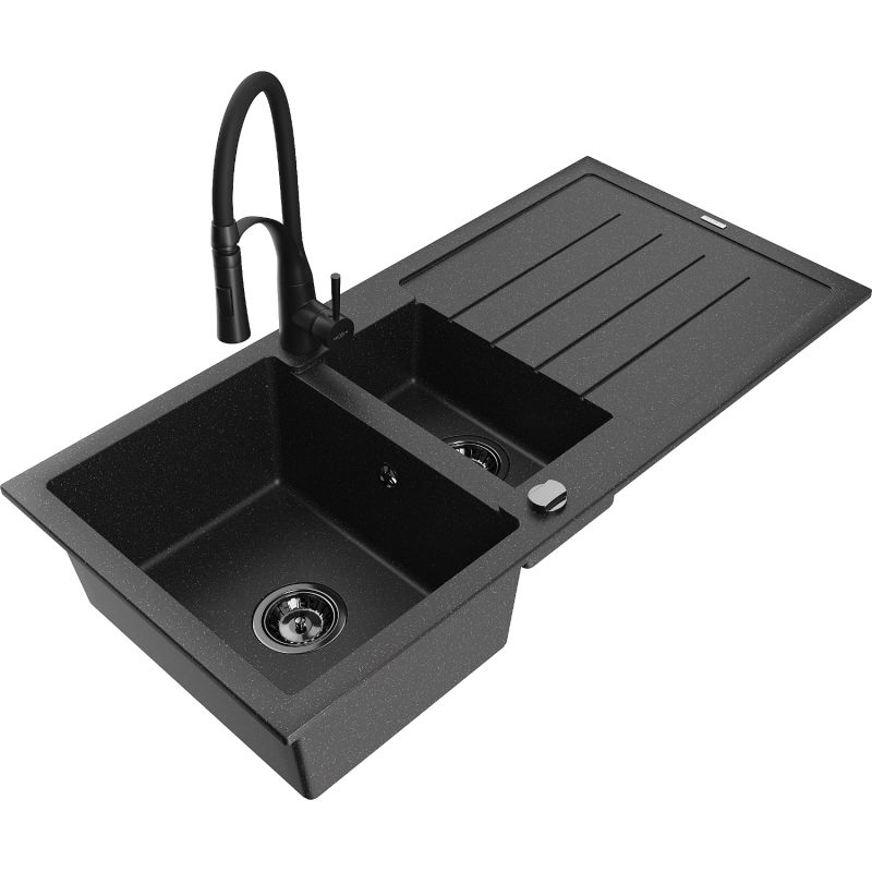 Zlewozmywak granitowy 1.5-komorowy Mexen Andres z ociekaczem i baterią Aster czarny/srebrny metalik - 6515-73-73450-07 1 szt.