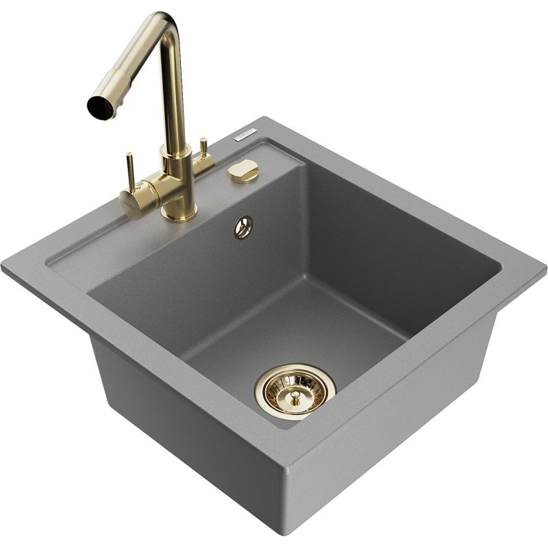Zlewozmywak granitowy 1-komorowy Mexen Vito z baterią kuchenną Duero szary 6503-71-671600-50
