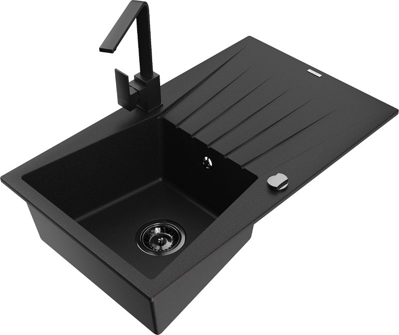 Zlewozmywak granitowy Mexen Cesar 1-komorowy z ociekaczem i baterią kuchenną Rita czarny - 6514-77-670300-50 1 szt.