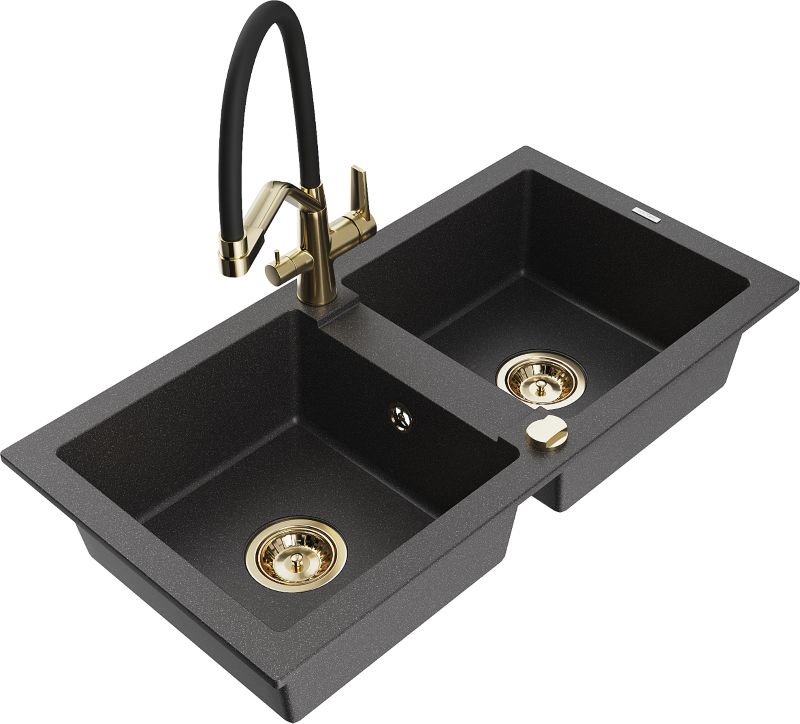 Zlewozmywak granitowy Mexen Mario 2-komorowy z baterią kuchenną Duo czarny 6504-76-671701-57-G