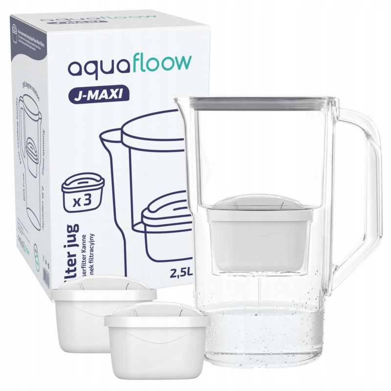 Dzbanek filtrujący wodę, AquaFloow J-MAXI, plastikowy, 2.5l, szary + 3x filtr wody AquaFloow Maxi, zestaw, 4szt