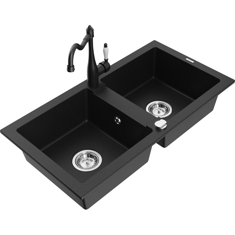 Zlewozmywak granitowy 2-komorowy Mexen Mario z baterią kuchenną Carla czarny - 6504-77-670700-50-B 1 szt.