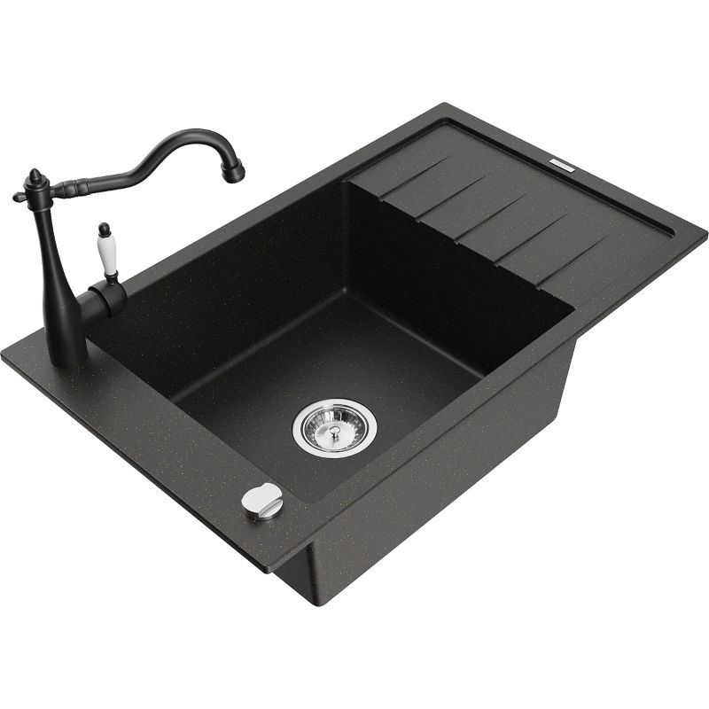 Zlewozmywak granitowy 1-komorowy Mexen Elias z ociekaczem i baterią kuchenną Carla szary - 6511-71-670700-71 1 szt.