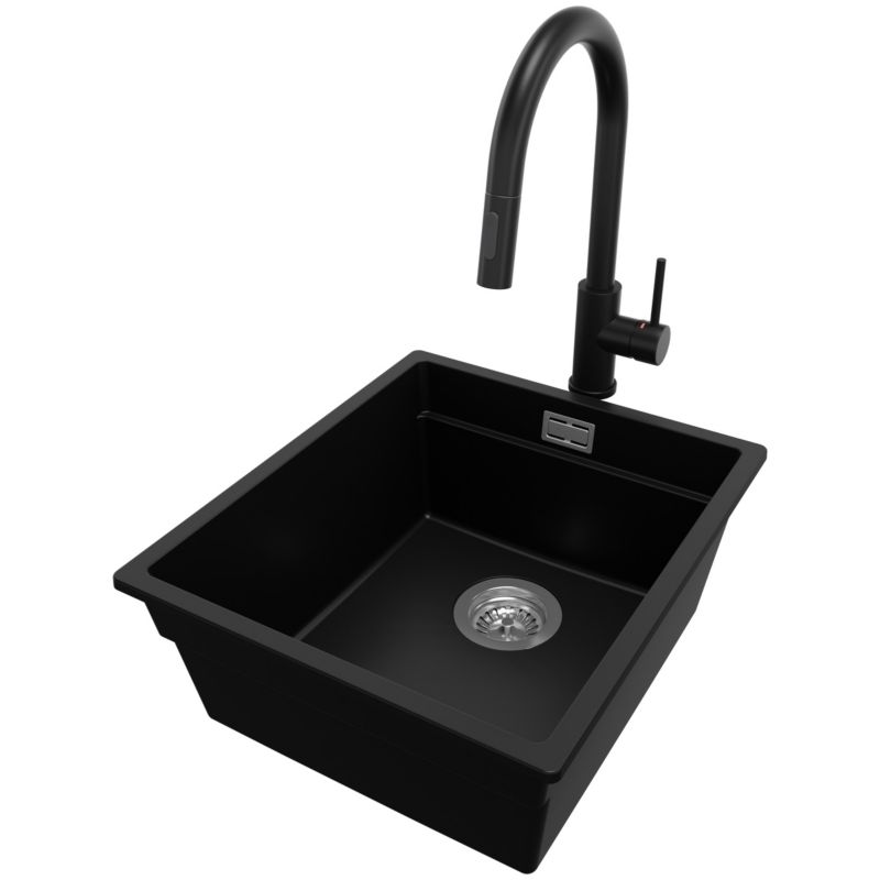 Zlewozmywak Granitowy Praga Slim PRIMAGRAN Nablatowy 41x47cm do szafki od 45cm z Syfonem i Baterią Czarny 1 szt.