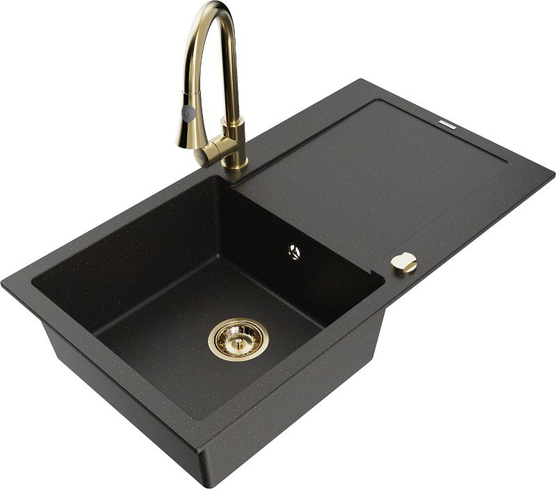 Zlewozmywak granitowy Mexen Leo 1-komorowy z ociekaczem i baterią kuchenną Elia czarny/złoty 6501-75-670101-50