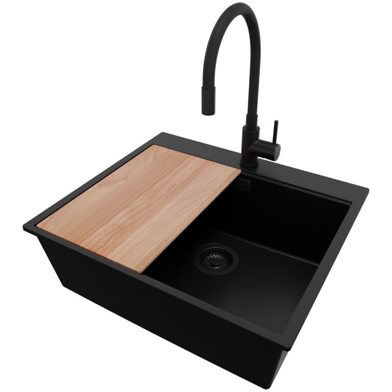 Zlewozmywak Granitowy Oslo PRIMAGRAN Nablatowy 58x50cm do szafki od 60cm, Cały Czarny + Bateria + Syfon + Deska, S430, 1 szt.