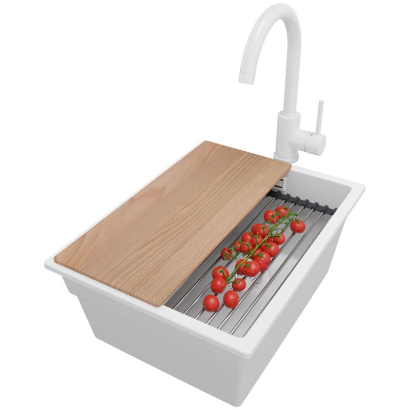 Zlewozmywak Granitowy Praga Slim PRIMAGRAN Nablatowy 36x47cm do szafki od 40cm z Syfonem i Baterią i Dodatkiem Cały Biały 1 szt.