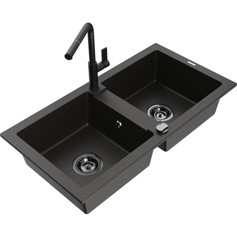 Zlewozmywak granitowy 2-komorowy Mexen Mario z baterią kuchenną Rita beżowy - 6504-69-670300-70 1 szt.