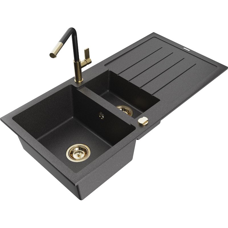 Zlewozmywak granitowy 1.5-komorowy Mexen Andres z ociekaczem i baterią kuchenną Flora czarny nakrapiany 6515-76-670401-57-G