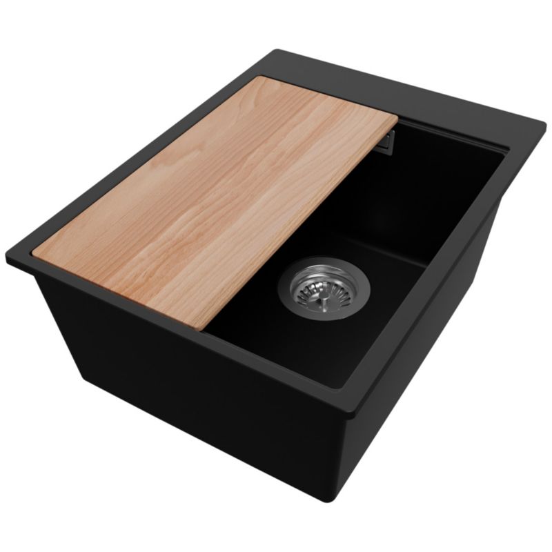 Zlewozmywak Oslo PRIMAGRAN Nablatowy 38x50cm do szafki od 40cm, Czarny + Syfon + Deska, S073, 1 szt.