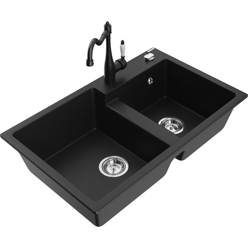 Zlewozmywak granitowy 2-komorowy Mexen Tomas z baterią kuchenną Carla czarny 6516-77-670700-70