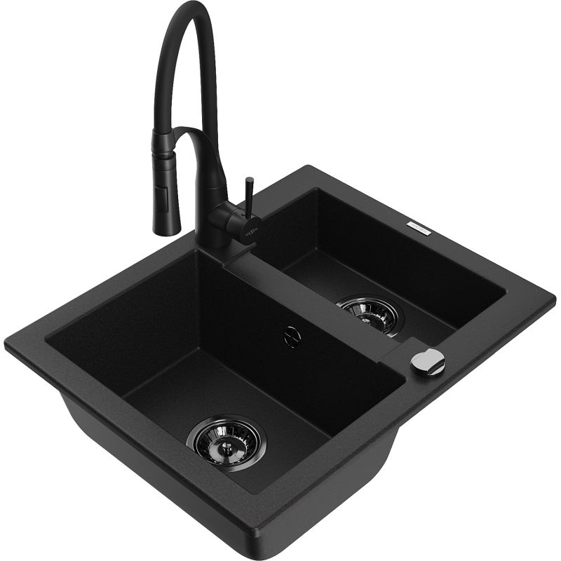 Zlewozmywak granitowy 1.5-komorowy Mexen Carlos z baterią kuchenną Aster czarny nakrapiany - 6518-76-73450-70-B 1 szt.