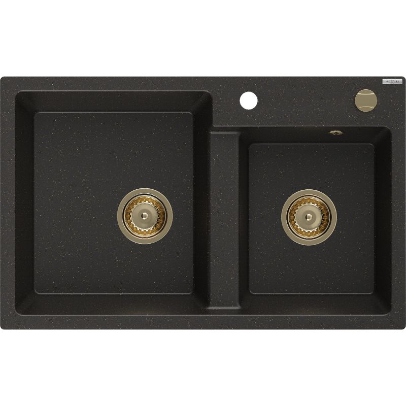 Zlewozmywak wpuszczany Mexen Tomas 2-komorowy czarny/złoty metalik 800x500 mm - 6516802000-75 1 szt.