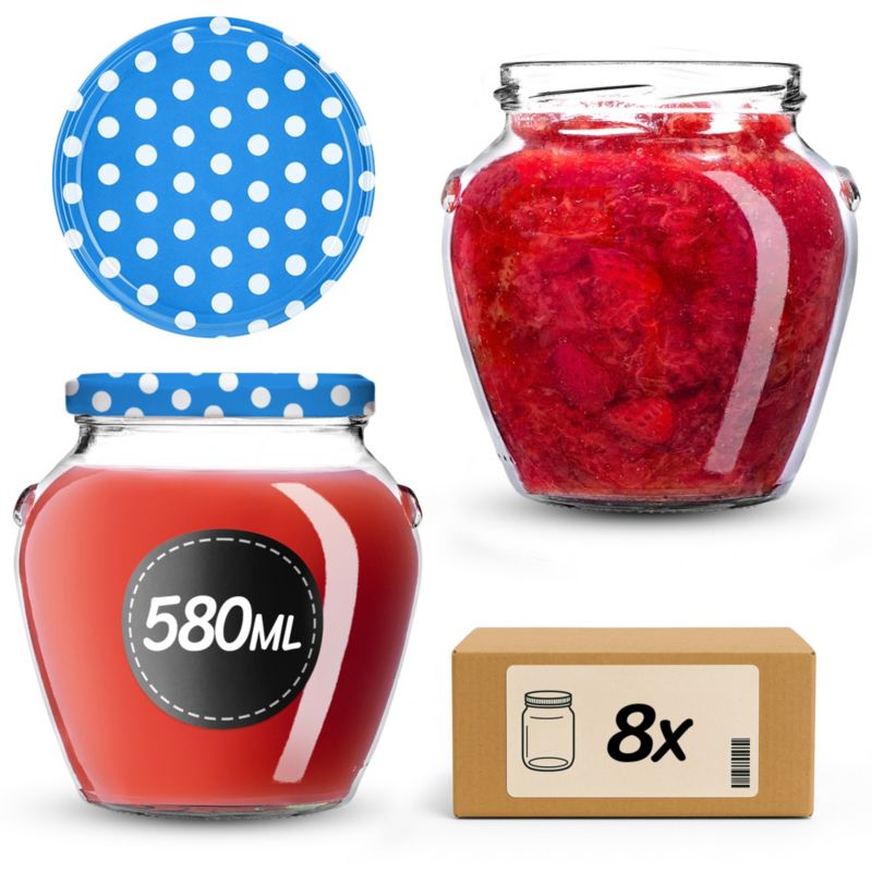 Słoiki na przetwory KADAX 580ml + wieczka "Niebieski groszek" 82mm 8szt.
