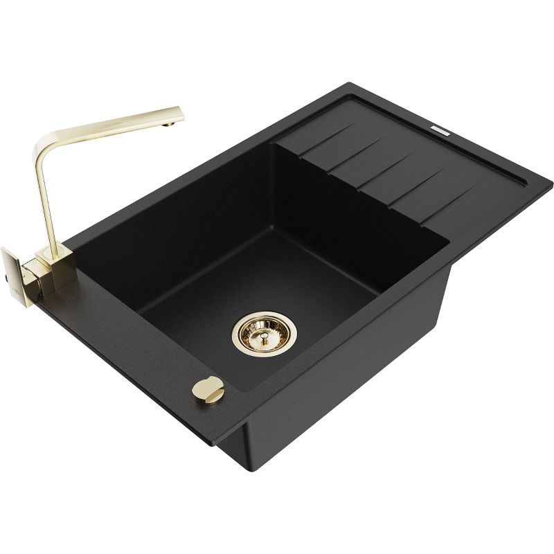 Zlewozmywak granitowy 1-komorowy Mexen Elias z ociekaczem i baterią kuchenną Rita czarny 6511-77-670300-50