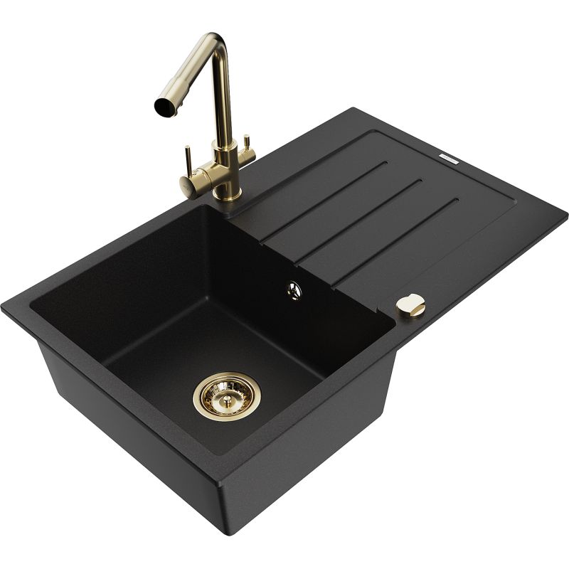 Zlewozmywak granitowy 1-komorowy Mexen Bruno z ociekaczem i baterią kuchenną Duero czarny 6513-77-671600-50