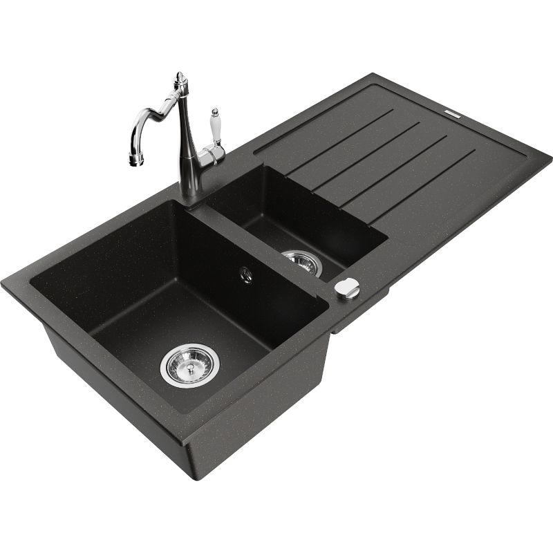 Zlewozmywak granitowy 1.5-komorowy Mexen Andres z ociekaczem i baterią kuchenną Carla czarny/złoty metalik 6515-75-670700-00