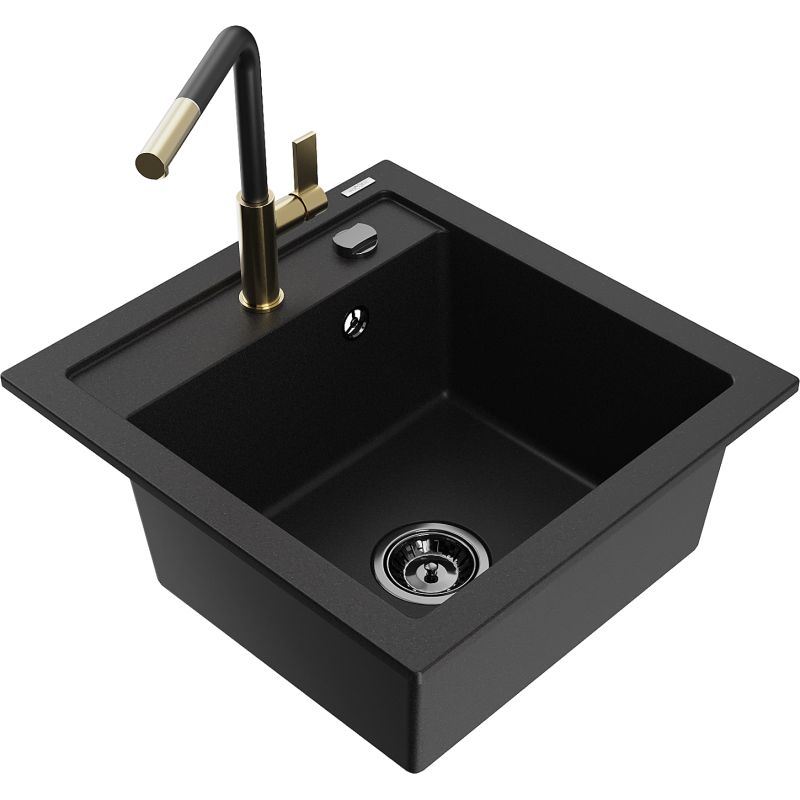 Zlewozmywak granitowy 1-komorowy Mexen Vito z baterią kuchenną Flora czarny 6503-77-670401-57-B