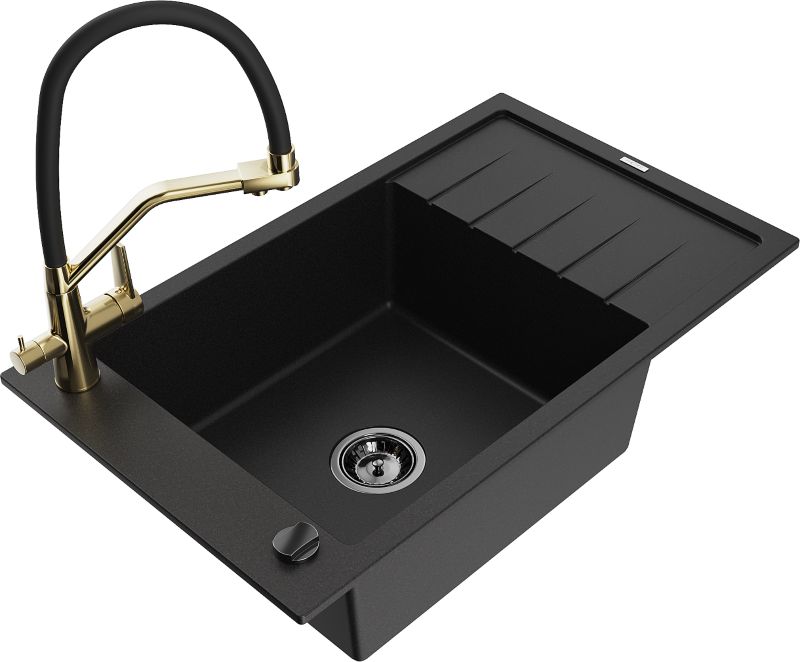 Zlewozmywak granitowy Mexen Elias 1-komorowy z ociekaczem i baterią kuchenną Duo czarny/srebrny - 6511-73-671701-57-B 1 szt.