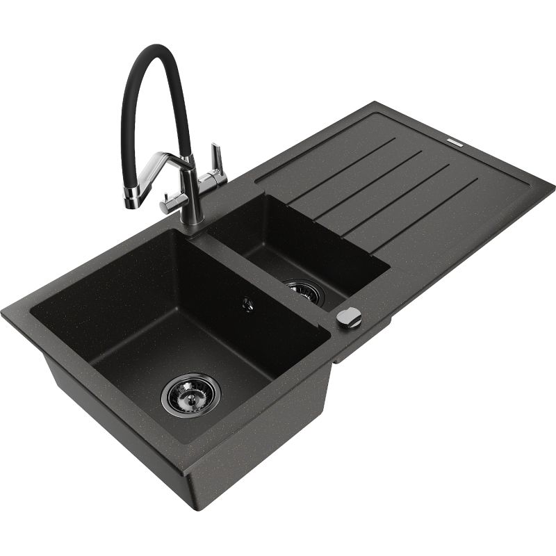 Zlewozmywak granitowy 1.5-komorowy Mexen Andres z ociekaczem i baterią kuchenną Duo czarny/złoty metalik 6515-75-671701-07-B