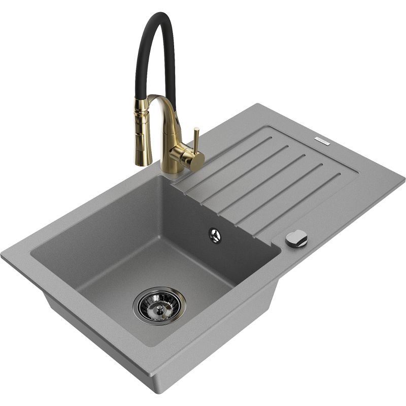 Zlewozmywak granitowy 1-komorowy Mexen Pablo z ociekaczem i baterią kuchenną Aster szary 6510-71-73450-57-B