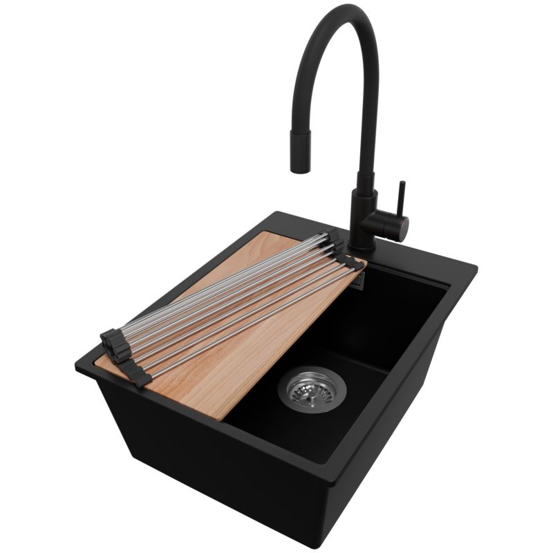 Zlewozmywak Granitowy Oslo PRIMAGRAN Nablatowy 38x50cm do szafki od 40cm z Syfonem i Baterią i Dodatkiem Czarny 1 szt.