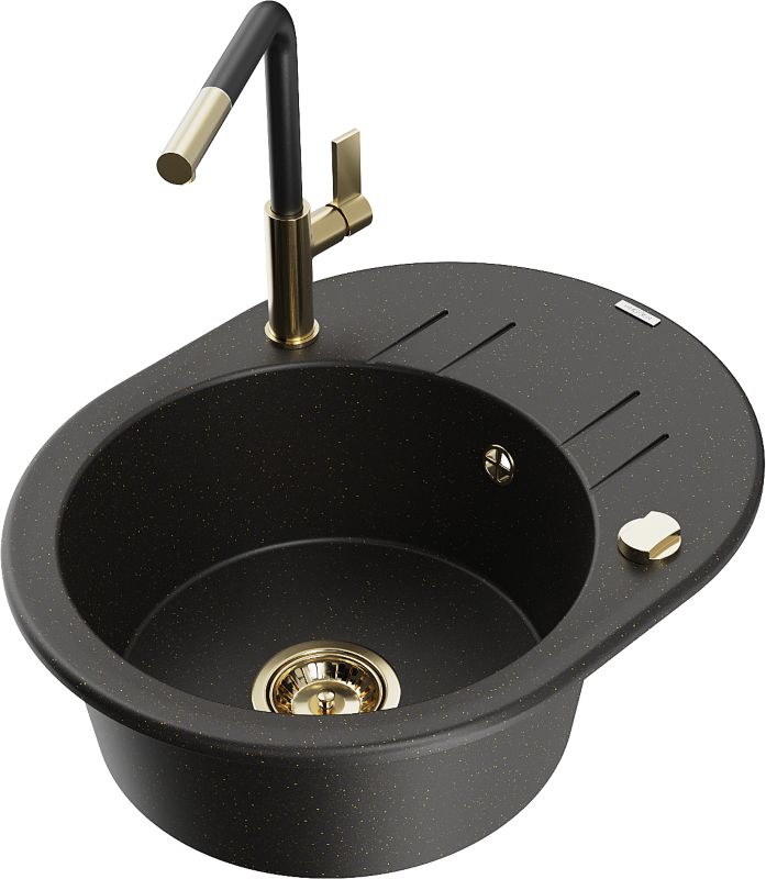 Zlewozmywak granitowy Mexen Kevin 1-komorowy z ociekaczem i baterią kuchenną Flora czarny/złoty 6517-75-670401-57-G