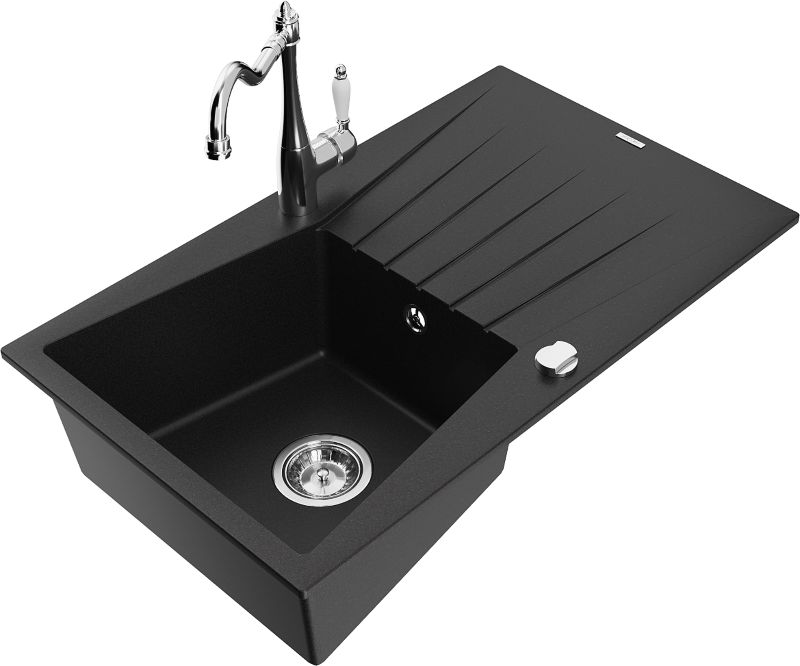 Zlewozmywak granitowy Mexen Cesar 1-komorowy z ociekaczem i baterią kuchenną Carla czarny - 6514-77-670700-70 1 szt.