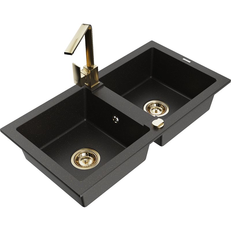 Zlewozmywak granitowy 2-komorowy Mexen Mario z baterią kuchenną Rita czarny/złoty metalik 6504-75-670300-50