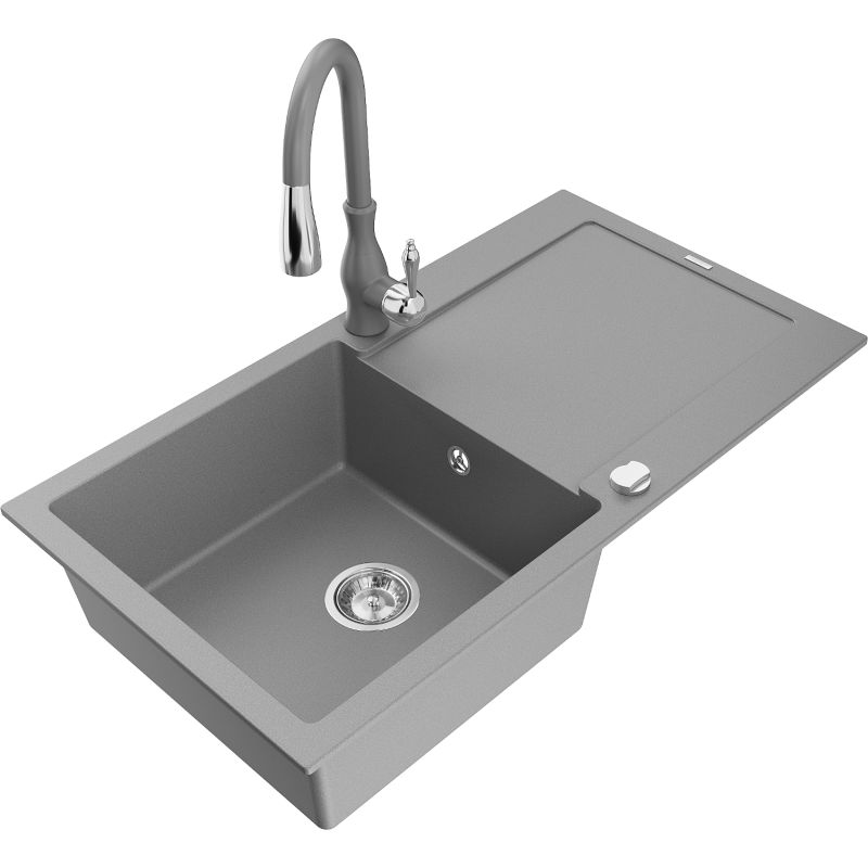 Zlewozmywak granitowy 1-komorowy Mexen Leo z ociekaczem i baterią kuchenną Telma czarny - 6501-77-670200-70 1 szt.