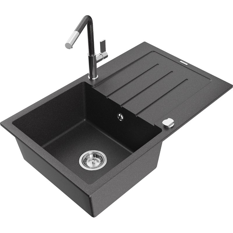 Zlewozmywak granitowy 1-komorowy Mexen Bruno z ociekaczem i baterią kuchenną Flora czarny nakrapiany 6513-76-670401-08